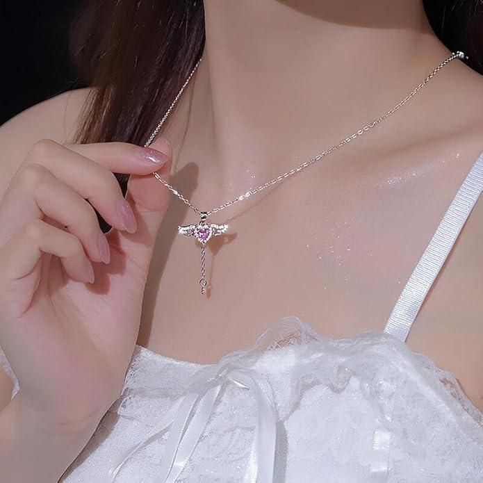 Silver Plated Chain With Heart Angel Wings Pendant